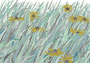 Sarah Nicole Phillips, Security Brown Eyed Susans, Collage made with discarded security envelopes Sarah Nicole Phillips, Security Brown Eyed Susans, Collage made with discarded security envelopes